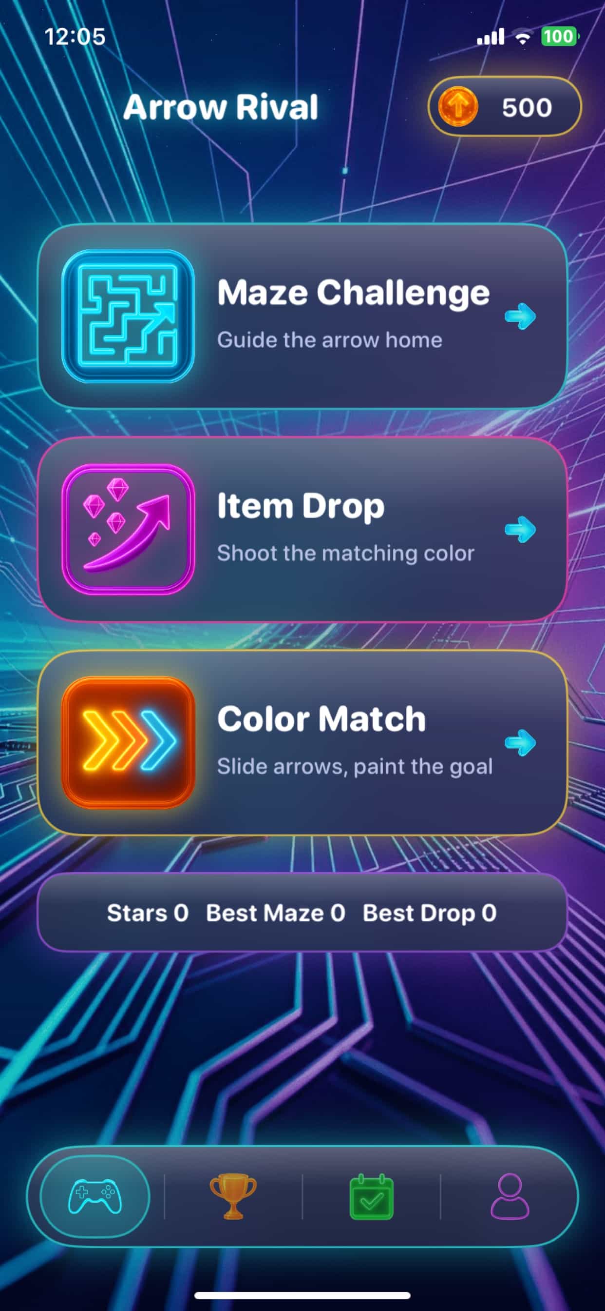 Arrow Rival gameplay showing neon arrow puzzle on a dark grid